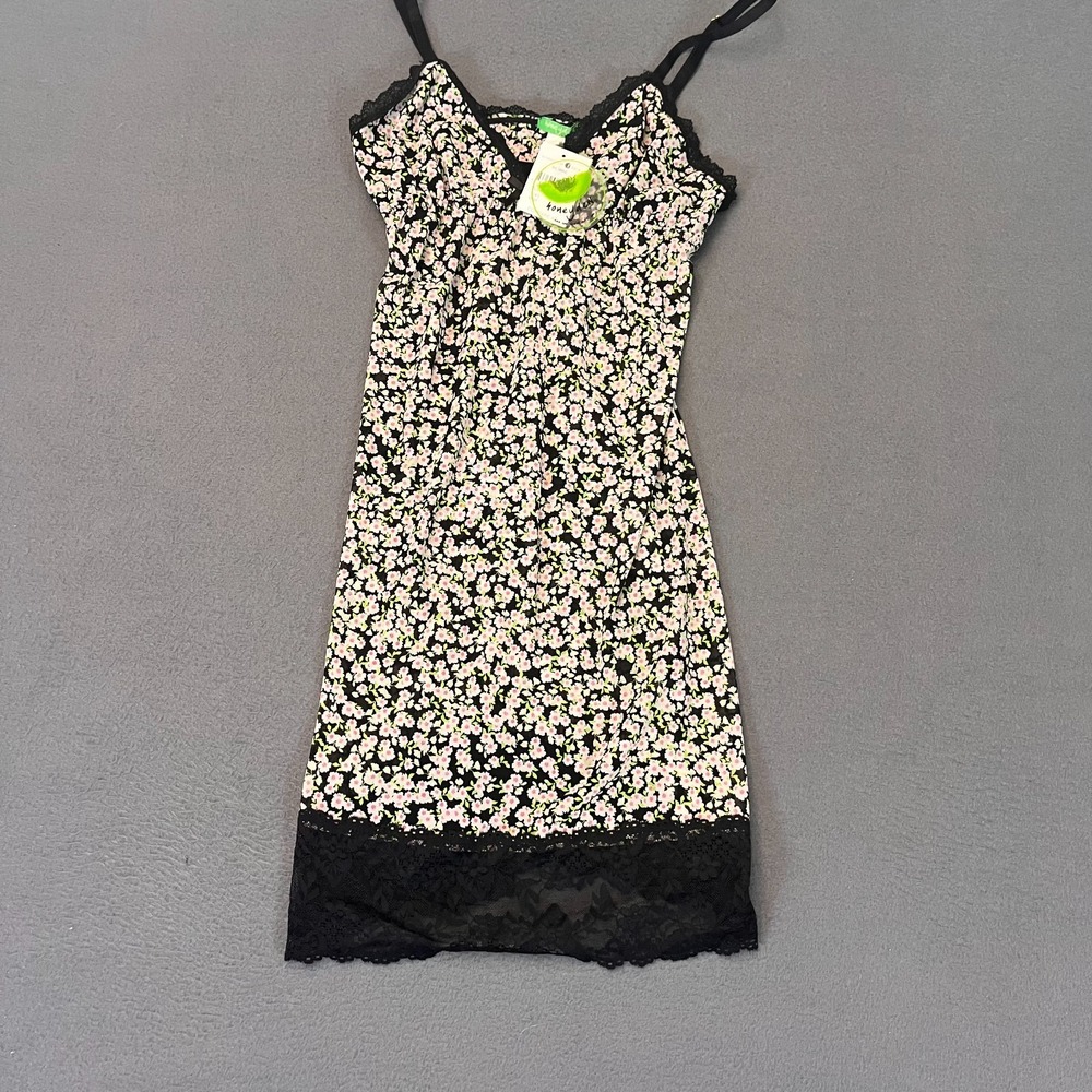 Honeydew Womens Sz Med Y2K Floral Slip Dress Lace Trim Babydoll Black V Neck NWT